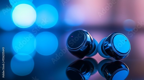 Closeup of wireless black earbuds with soft blue bokeh lighting in the background