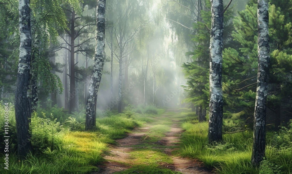 Fototapeta premium A serene, misty forest with tall trees and soft sunlight filtering through the canopy, creating a peaceful and mysterious atmosphere.