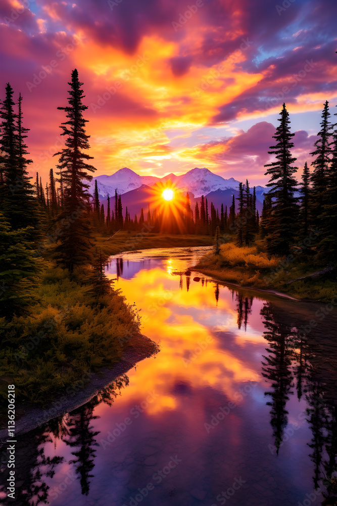 Sublime Sunset Over Alaskan Wilderness - A Vibrant Mix of Serenity & Grandeur Sublime Sunset Over Alaskan Wilderness - A Vibrant Mix of Serenity & Grandeur