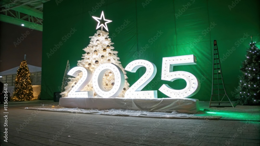 Obraz premium The green background features a minimalist Christmas tree and the numbers 2025. The design emphasizes calorie content, simplicity and creativity.