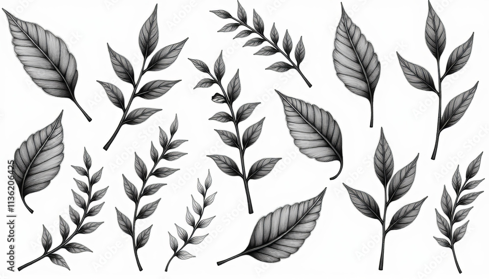 Fototapeta premium Charcoal sketches of various leaves and branches, subtle and detailed natural elements