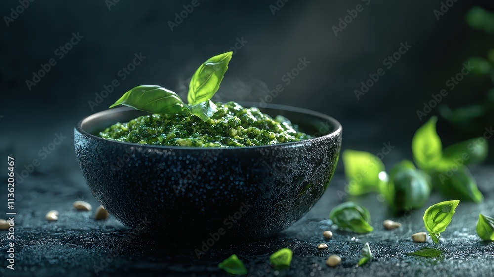 Freshly Made Pesto with Basil Leaves Freshly Made Pesto with Basil Leaves