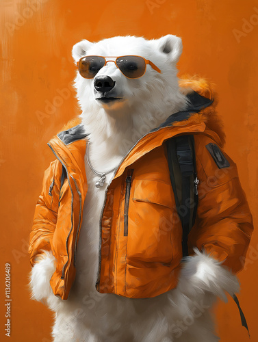 Polar Bear in an Orange Jacket, Trendy Animal Portrait