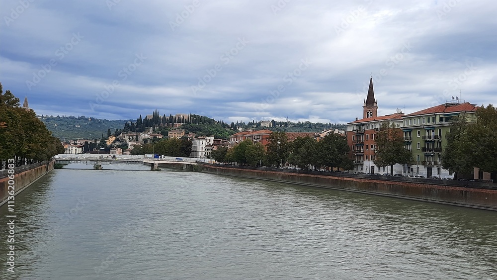 Fototapeta premium Verona, Italy, 10.05.2024, landscape with river