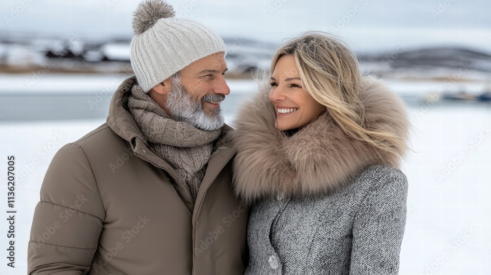 Couple in Warm Clothing Smiling Together in Winter Wonderland Scene Couple in Warm Clothing Smiling Together in Winter Wonderland Scene
