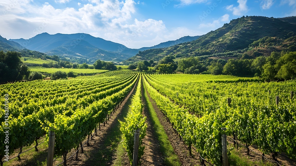 A picturesque vineyard with rows of green vines stretching across the landscape. The sky above is a bright blue, adding to the overall sense of tranquility and beauty A picturesque vineyard with rows of green vines stretching across the landscape. The sky above is a bright blue, adding to the overall sense of tranquility and beauty