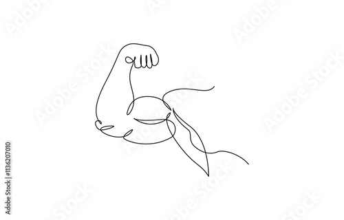 Arm shows bicep fist. Continuous one line vector, Man's hand shows a fist on the biceps in line style. Continuous one line vector drawing ,  shows bicep continuous one line vector drawing.