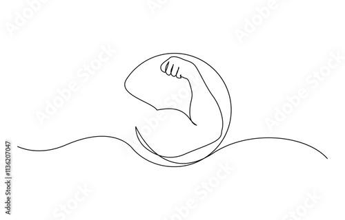 Arm shows bicep fist. Continuous one line vector, Man's hand shows a fist on the biceps in line style. Continuous one line vector drawing ,  shows bicep continuous one line vector drawing.