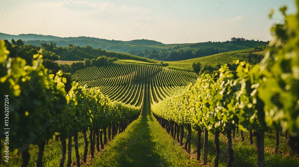 Fototapeta premium A picturesque vineyard with rows of green vines stretching across the landscape. The sky above is a bright blue, adding to the overall sense of tranquility and beauty