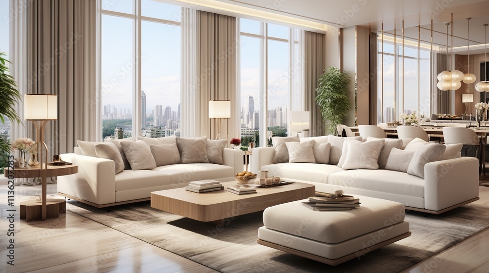 Fototapeta premium Large luxury modern bright interiors Living room mockup illustration 3D rendering image