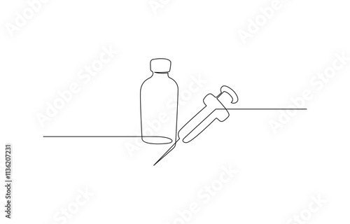 One continuous line drawing of medicine set with syringe and vial, Doodle contour vector illustration. One continuous line drawing of medicine set with syringe and vial. Pharmaceutical components.