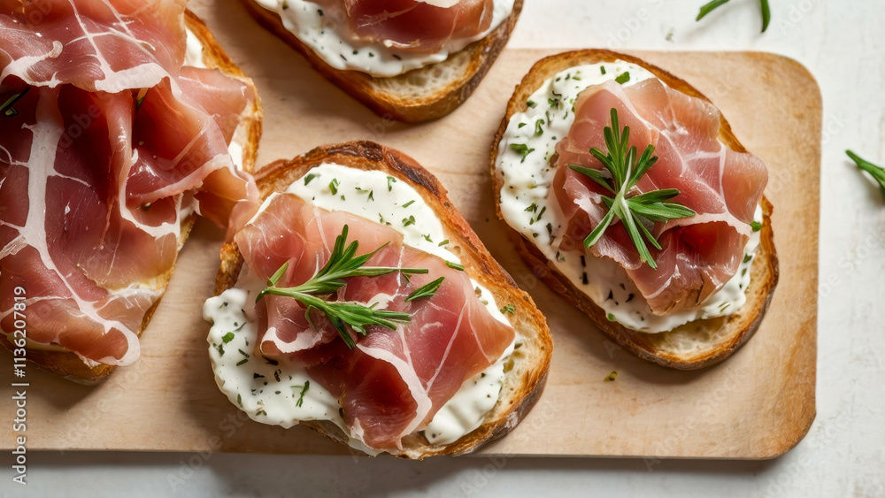 Small bruschettas, on a wooden board, slices of crispy baguette, prosciutto and sprigs of rosemary. A dish for an appetizer or an aperitif. Light background. Small bruschettas, on a wooden board, slices of crispy baguette, prosciutto and sprigs of rosemary. A dish for an appetizer or an aperitif. Light background.