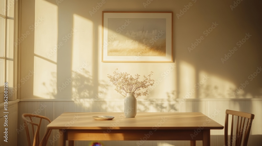 A serene dining space with a wooden table, vase of flowers, and soft sunlight. A serene dining space with a wooden table, vase of flowers, and soft sunlight.
