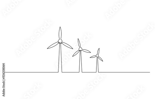 Continuous one line drawing of wind turbine. One line drawing illustration of windmill energy, A single line drawing of a wind turbine, wind power, windmill tower, a black line illustration.