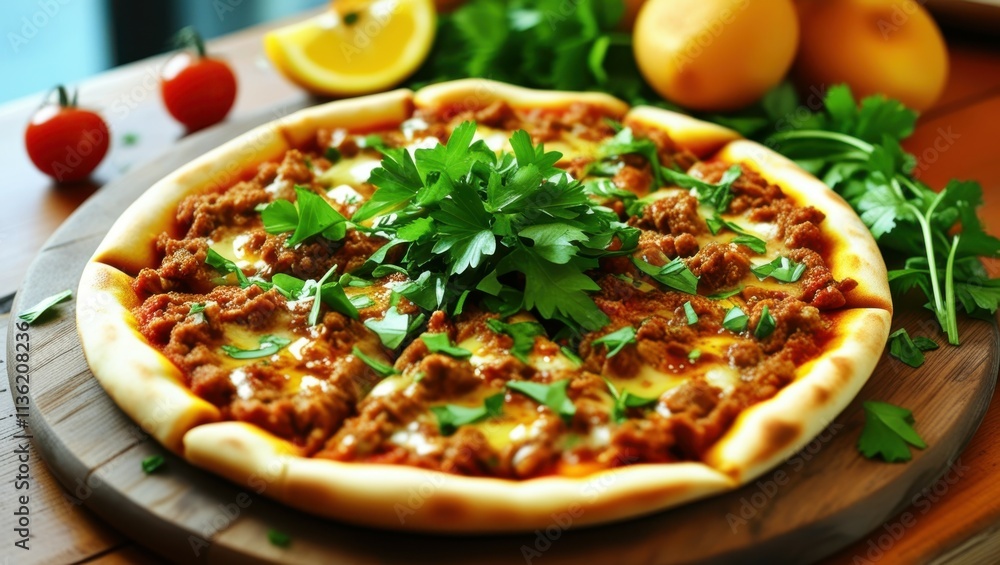 Rustic pizza, ground meat topping, fresh herbs, wooden board, colorful vegetables, vibrant colors, food photography, close-up shot, artisanal cuisine, Italian food, comfort meal, gourmet presentation, Rustic pizza, ground meat topping, fresh herbs, wooden board, colorful vegetables, vibrant colors, food photography, close-up shot, artisanal cuisine, Italian food, comfort meal, gourmet presentation,