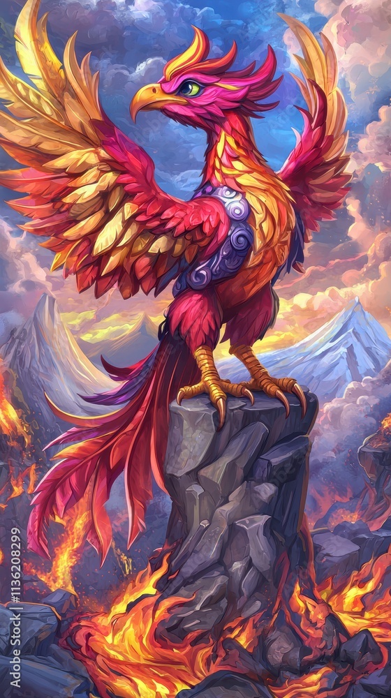 Fototapeta premium Majestic Phoenix Rising from Lava with Vibrant Colorful Feathers