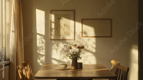 A cozy dining area with a wooden table, flowers, and soft sunlight creating a warm atmosphere.