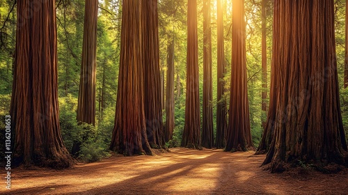 The forest has many trees and sunlight shines through the trees. The sunlight casts beautiful shadows on the ground.