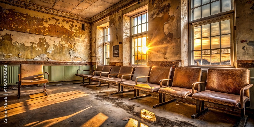 Nostalgic Hospital Waiting Room Bathed in Golden Hour Light with Distressed Vinyl Chairs and Peeling Paint on Wooden Benches Evoking Melancholic Memories of the Past Nostalgic Hospital Waiting Room Bathed in Golden Hour Light with Distressed Vinyl Chairs and Peeling Paint on Wooden Benches Evoking Melancholic Memories of the Past