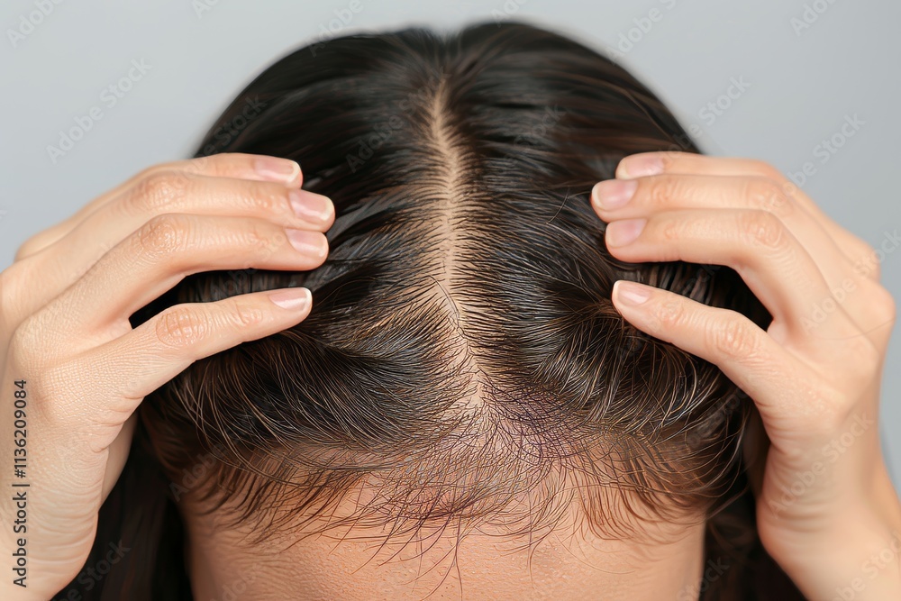 Fototapeta premium Female Pattern Hair Loss, Close Up. Woman Worried About Hair Loss, Checking Her Scalp, Thinning Hair