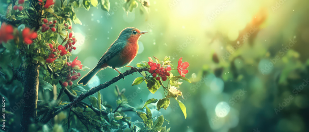 A bird is perched on a branch in a lush green forest A bird is perched on a branch in a lush green forest