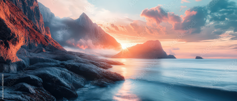 Naklejka premium A beautiful sunset over the ocean with mountains in the background