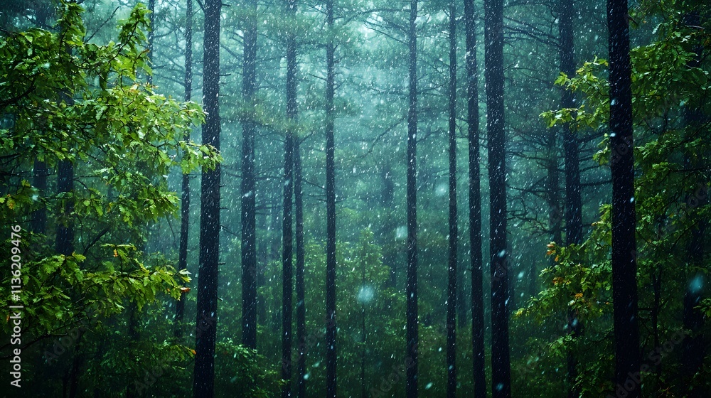 Fototapeta premium A forest path is shown in the rain. The trees are tall and green, and the path is muddy. Scene is peaceful and serene, as the rain creates a calming atmosphere 