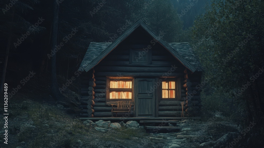 Illuminated Log Cabin Nestled Deep Within A Dark Forest Illuminated Log Cabin Nestled Deep Within A Dark Forest