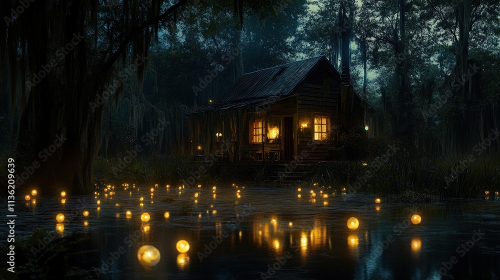 Fototapeta premium Enchanting Cabin Lights Glimmering on Dark Bayou Waters
