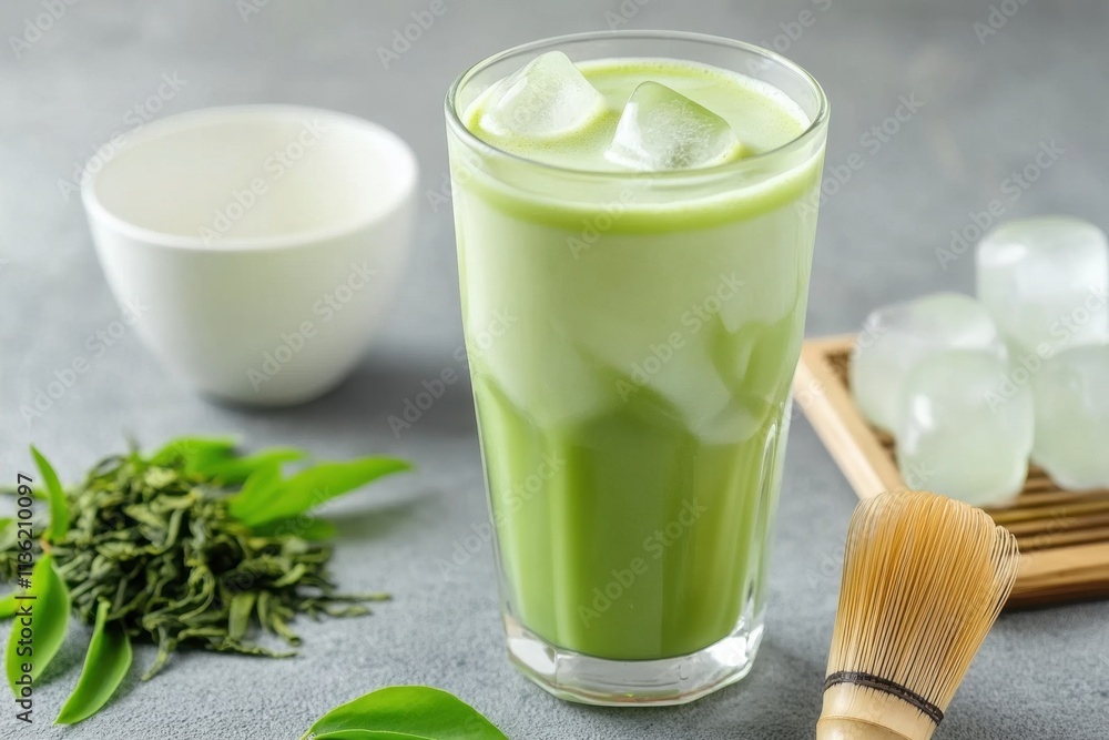 A refreshing glass of iced matcha tea with green tea leaves and a bamboo whisk. A refreshing glass of iced matcha tea with green tea leaves and a bamboo whisk.