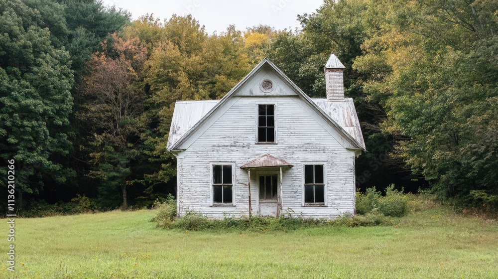 Obraz premium Weathered White Farmhouse Stands Alone In Woods