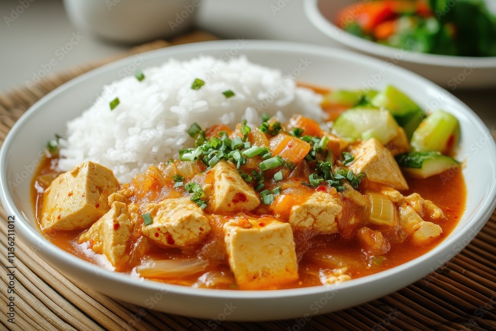 A plate of tofu stew served with rice and vegetables, showcasing a colorful and nutritious meal. A plate of tofu stew served with rice and vegetables, showcasing a colorful and nutritious meal.