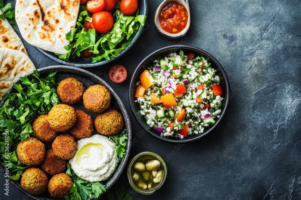 A vibrant platter featuring falafel, salad, pita bread, and sauces for a delicious meal. A vibrant platter featuring falafel, salad, pita bread, and sauces for a delicious meal.