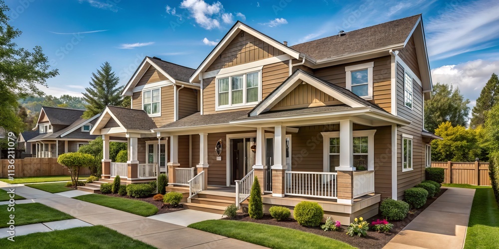 Product Photography of a Simple Two-Tone Duplex Featuring Light and Dark Beige Siding, Low-Pitched Roof, Small Front Porches, and Paved Pathways Dividing the Lawn Areas Product Photography of a Simple Two-Tone Duplex Featuring Light and Dark Beige Siding, Low-Pitched Roof, Small Front Porches, and Paved Pathways Dividing the Lawn Areas