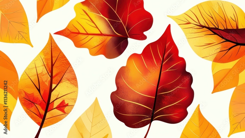 Obraz premium Autumn leaves, vibrant colors, red and orange foliage, detailed leaf veins, white background, botanical illustration, high contrast, maple leaves, falling leaves, seasonal artwork, closeup, nature stu