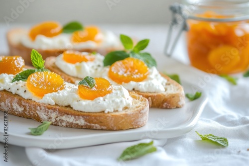 Toast topped with cream and mandarin slices, garnished with mint leaves.