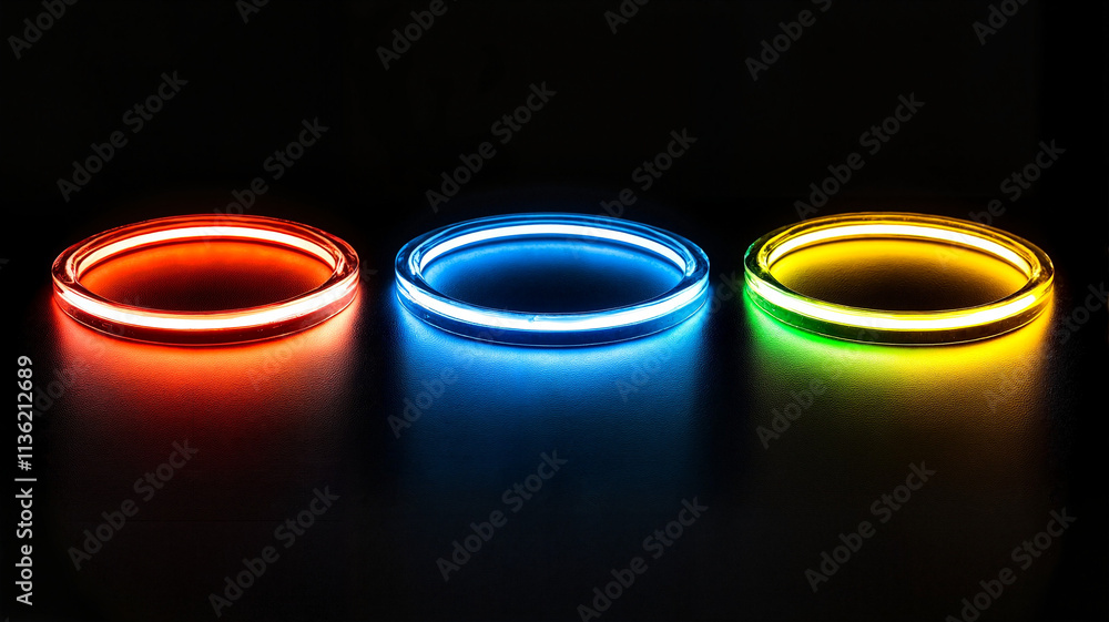 Colorful red, blue, and green rings glow softly on a dark surface Colorful red, blue, and green rings glow softly on a dark surface