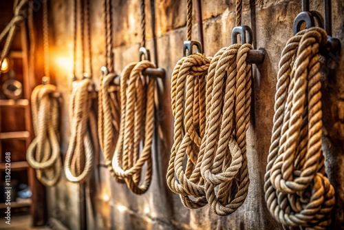 Ropes Hanging from Hooks on a Wall in a Rustic Setting Perfect for Home Decor and Outdoor Activities, Showcasing the Texture and Color Variation of the Fibers and Hooks