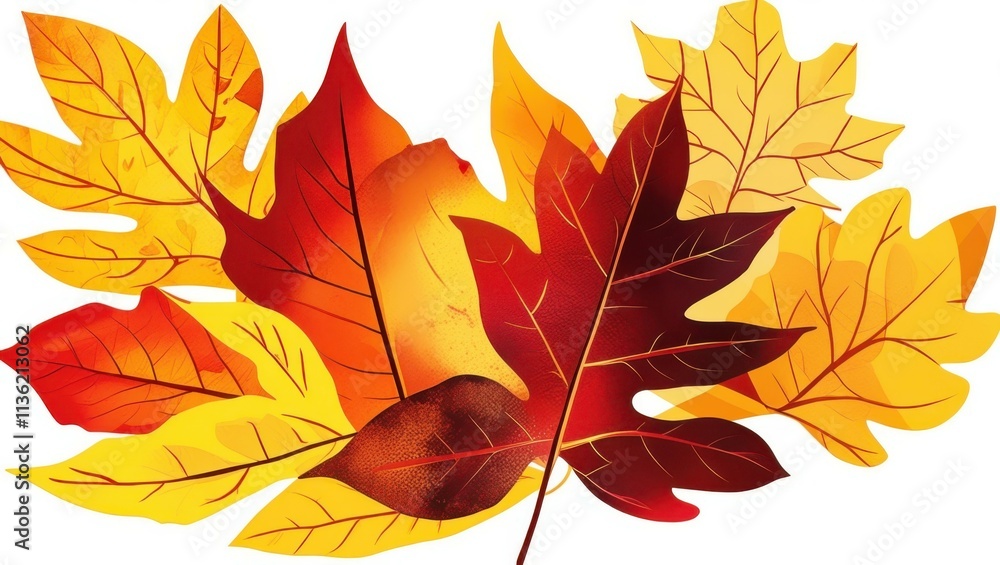 Naklejka premium Autumn leaves, vibrant colors, red and orange foliage, detailed leaf veins, white background, botanical illustration, high contrast, maple leaves, falling leaves, seasonal artwork, closeup, nature stu