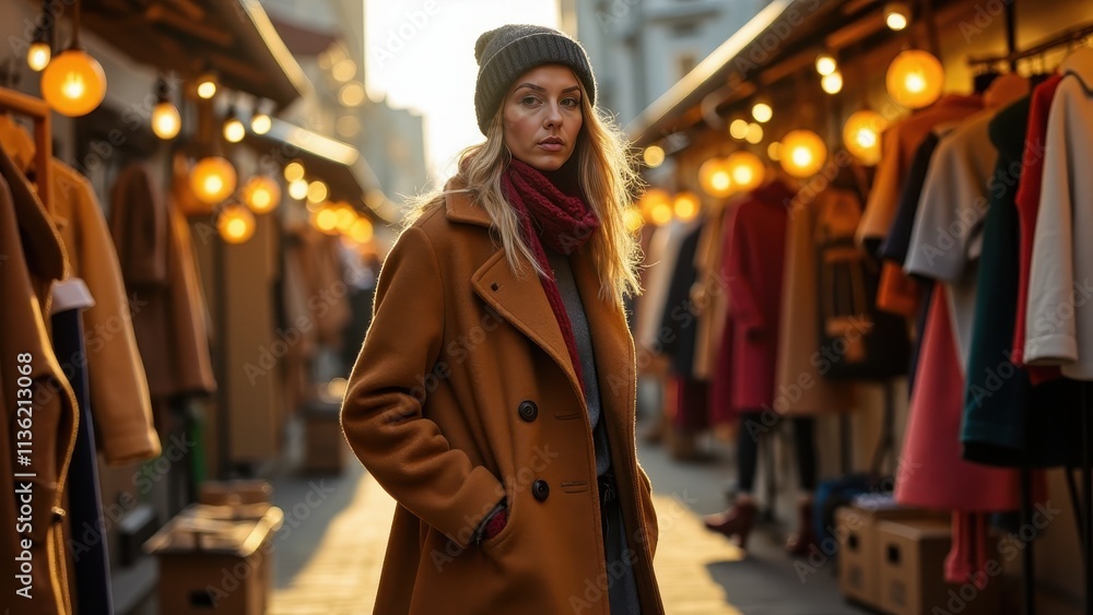 Winter fashion: models posing in stylish wool coats, scarves, and boots, surrounded by a snowy cityscape and warm golden lighting Winter fashion: models posing in stylish wool coats, scarves, and boots, surrounded by a snowy cityscape and warm golden lighting