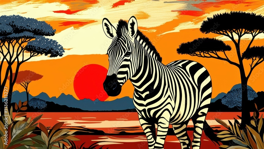 African savanna, zebra, acacia tree, dramatic sunset, vibrant colors, orange sky, stylized clouds, silhouette landscape, graphic art style, bold contrasts, wildlife illustration, safari scene, colorfu African savanna, zebra, acacia tree, dramatic sunset, vibrant colors, orange sky, stylized clouds, silhouette landscape, graphic art style, bold contrasts, wildlife illustration, safari scene, colorfu