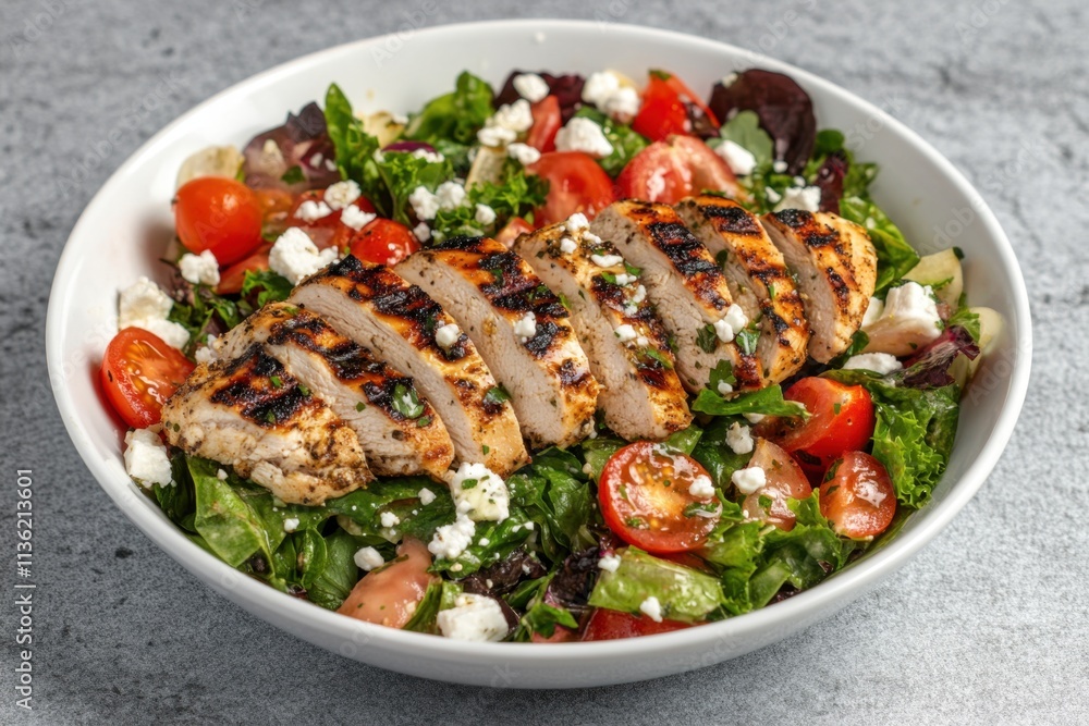 Grilled chicken salad with mixed greens, cherry tomatoes, and feta cheese. Grilled chicken salad with mixed greens, cherry tomatoes, and feta cheese.