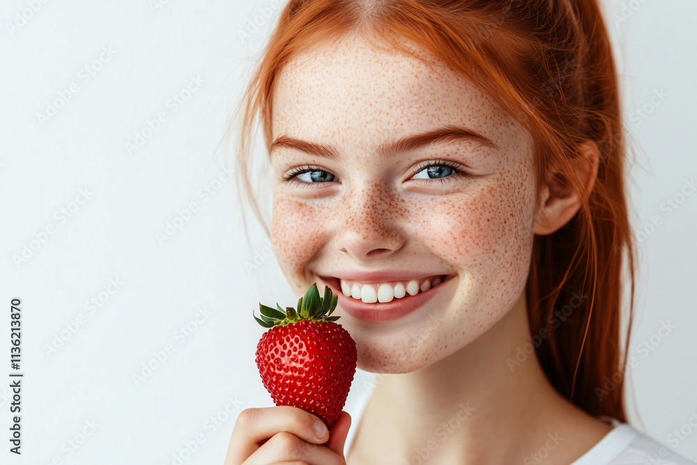 Young pretty redhead girl over isolated white background holding strawberry Young pretty redhead girl over isolated white background holding strawberry