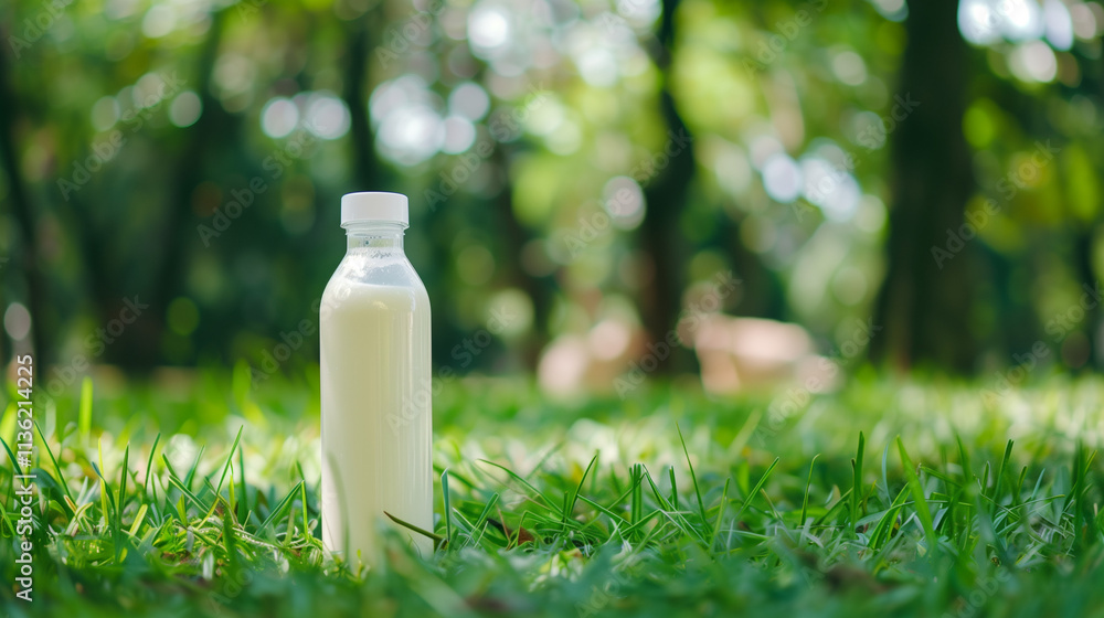 AFresh Milk Bottle on Green Pasture with Text Space, Cow in Background AFresh Milk Bottle on Green Pasture with Text Space, Cow in Background
