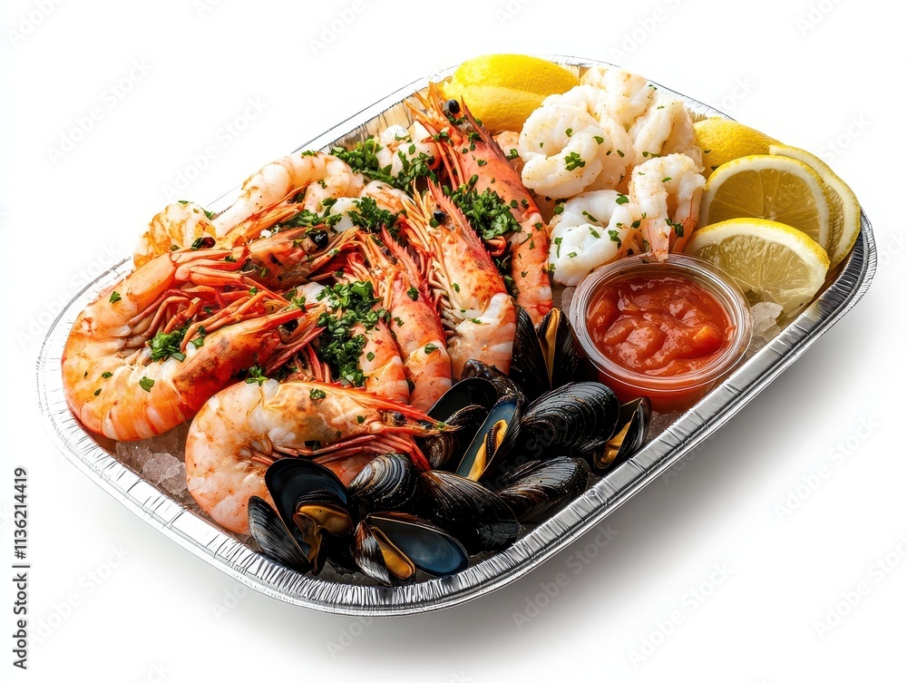 A seafood platter featuring shrimp, mussels, and cocktail sauce, garnished with lemon. A seafood platter featuring shrimp, mussels, and cocktail sauce, garnished with lemon.