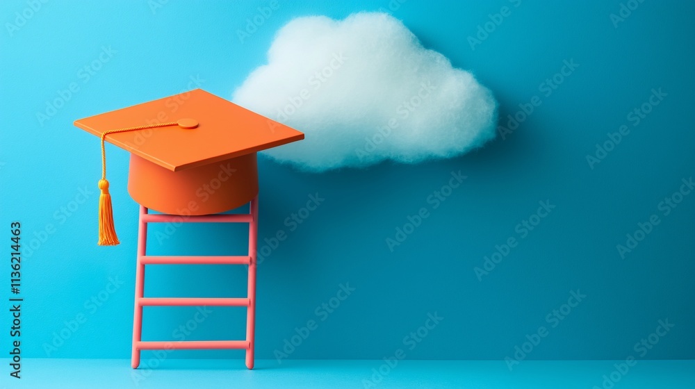 Orange graduation cap on ladder reaching cloud. Orange graduation cap on ladder reaching cloud.