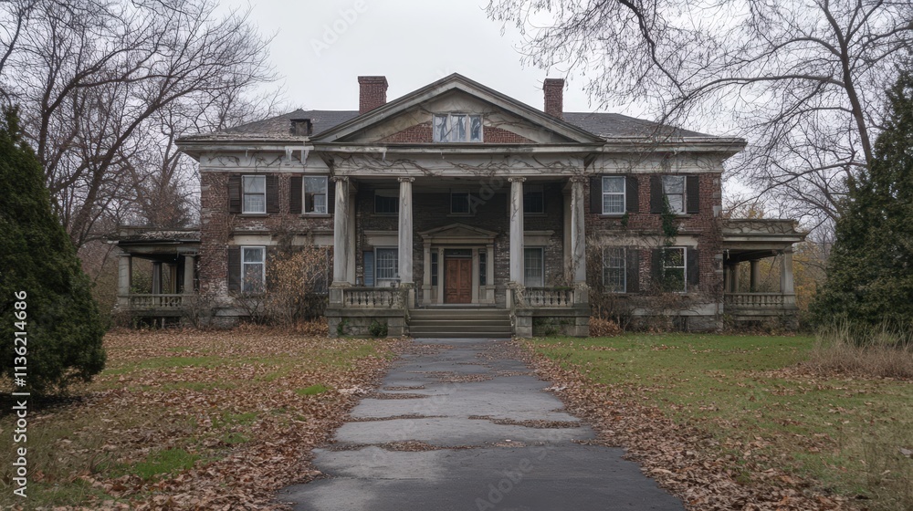 Grand Abandoned Brick Mansion Autumnal Setting Grand Abandoned Brick Mansion Autumnal Setting