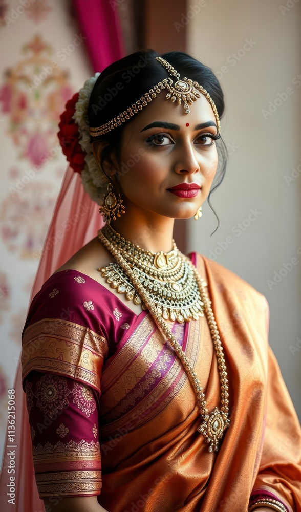 Fototapeta premium Stunning Young Indian Woman Wearing a Traditional Hindu Saree with Intricate Jewelry and Glamorous Make-up for a Wedding Ceremony