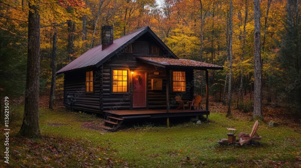 Illuminated Log Cabin nestled in Autumn Woods Illuminated Log Cabin nestled in Autumn Woods