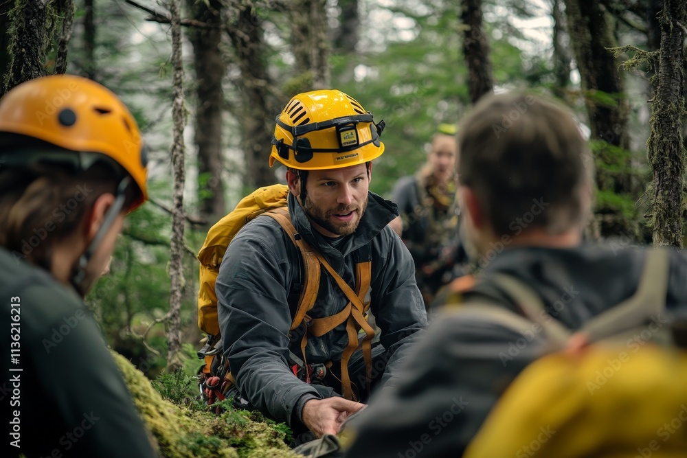 Rescue professional collaborates with team in wilderness, emphasizing safety and teamwork Rescue professional collaborates with team in wilderness, emphasizing safety and teamwork